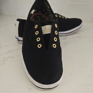 Keds X Kate Spade Black Canvas Slip-On Sneakers with Gold Eyelets